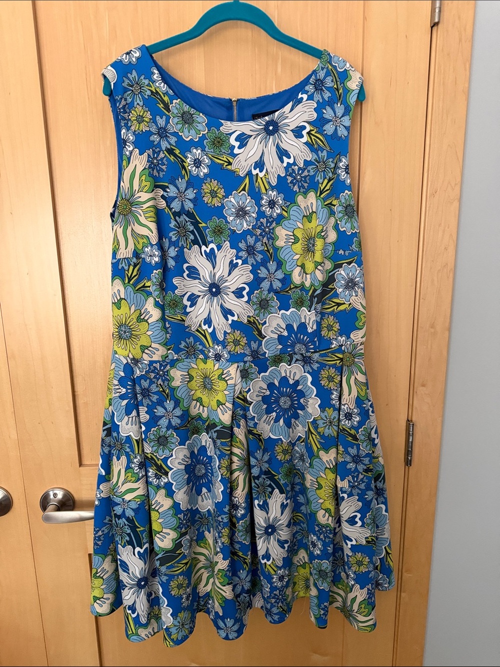 Just...Taylor Blue Floral Fit-and-Flare Dress with White and Green Accents